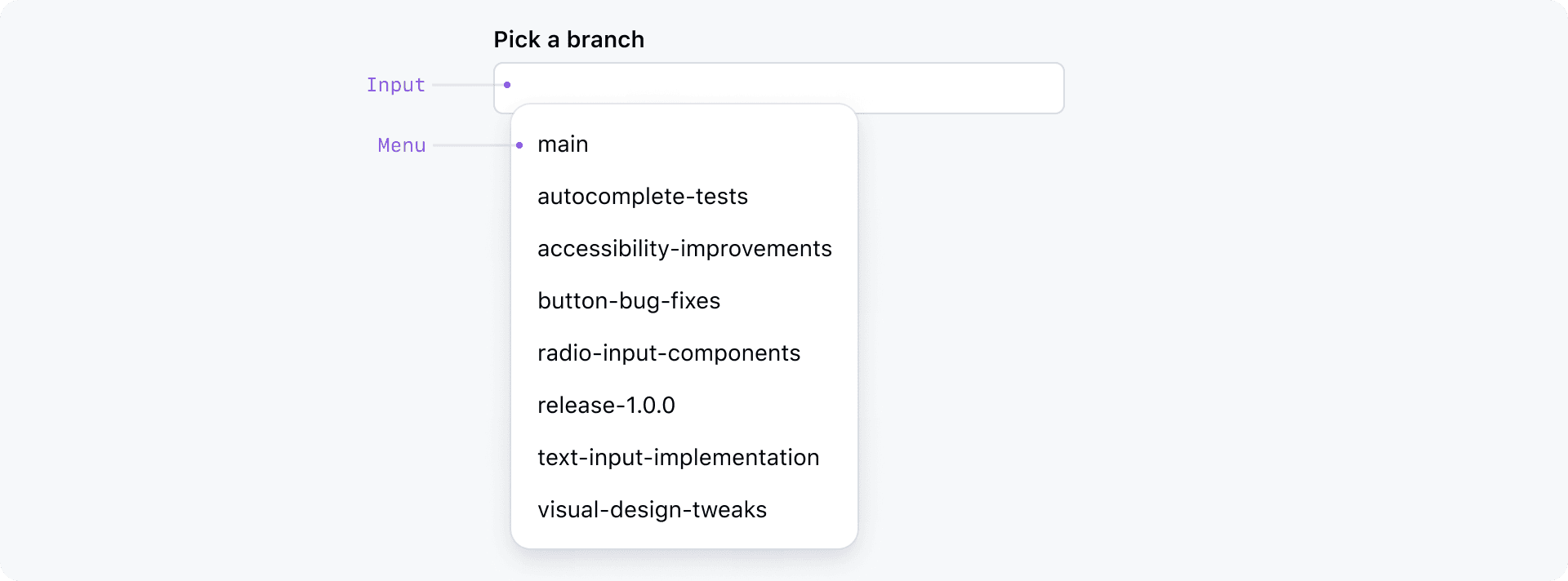 autocomplete component diagram with an input label stating pick a branch, empty focused input field with a search icon and clear button, and an Overlay menu listing search options