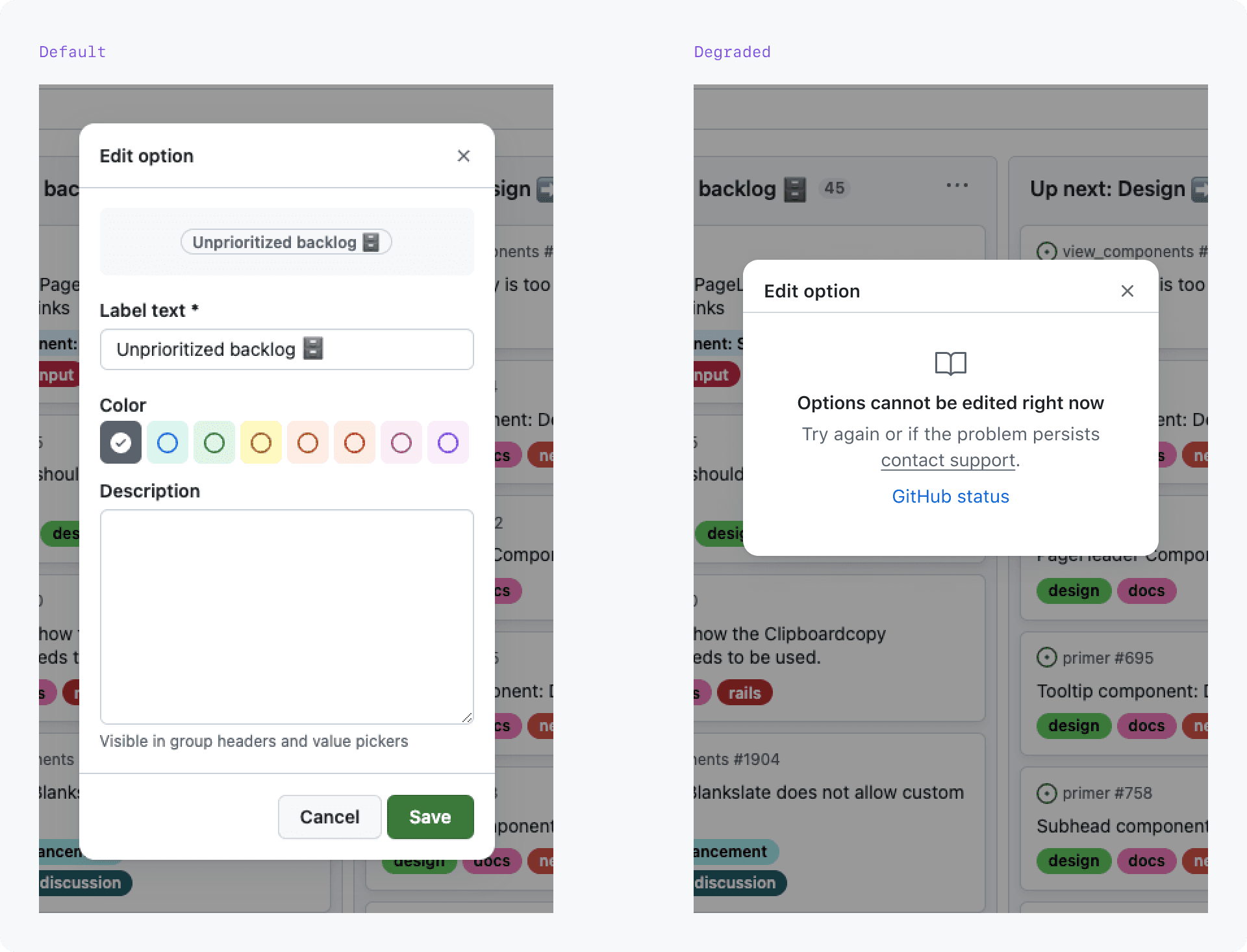 Two images: 1. 'Edit details' modal that appears when you edit a column in a Memex project board 2. A degraded versin of that.