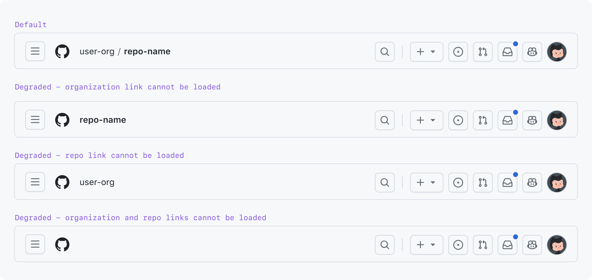 4 global navigations - 1 in default state, 3 in various degraded states.