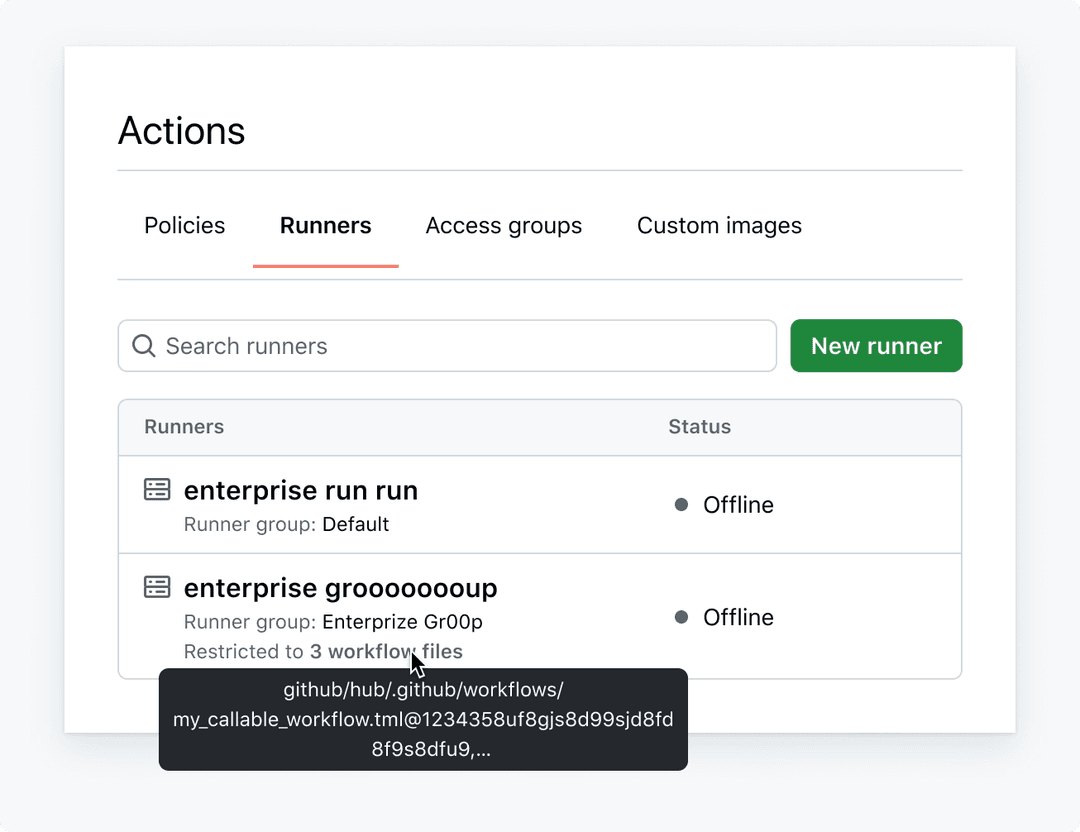Screenshot of GitHub Actions page using a Tooltip on a static element to convey long workflow file information