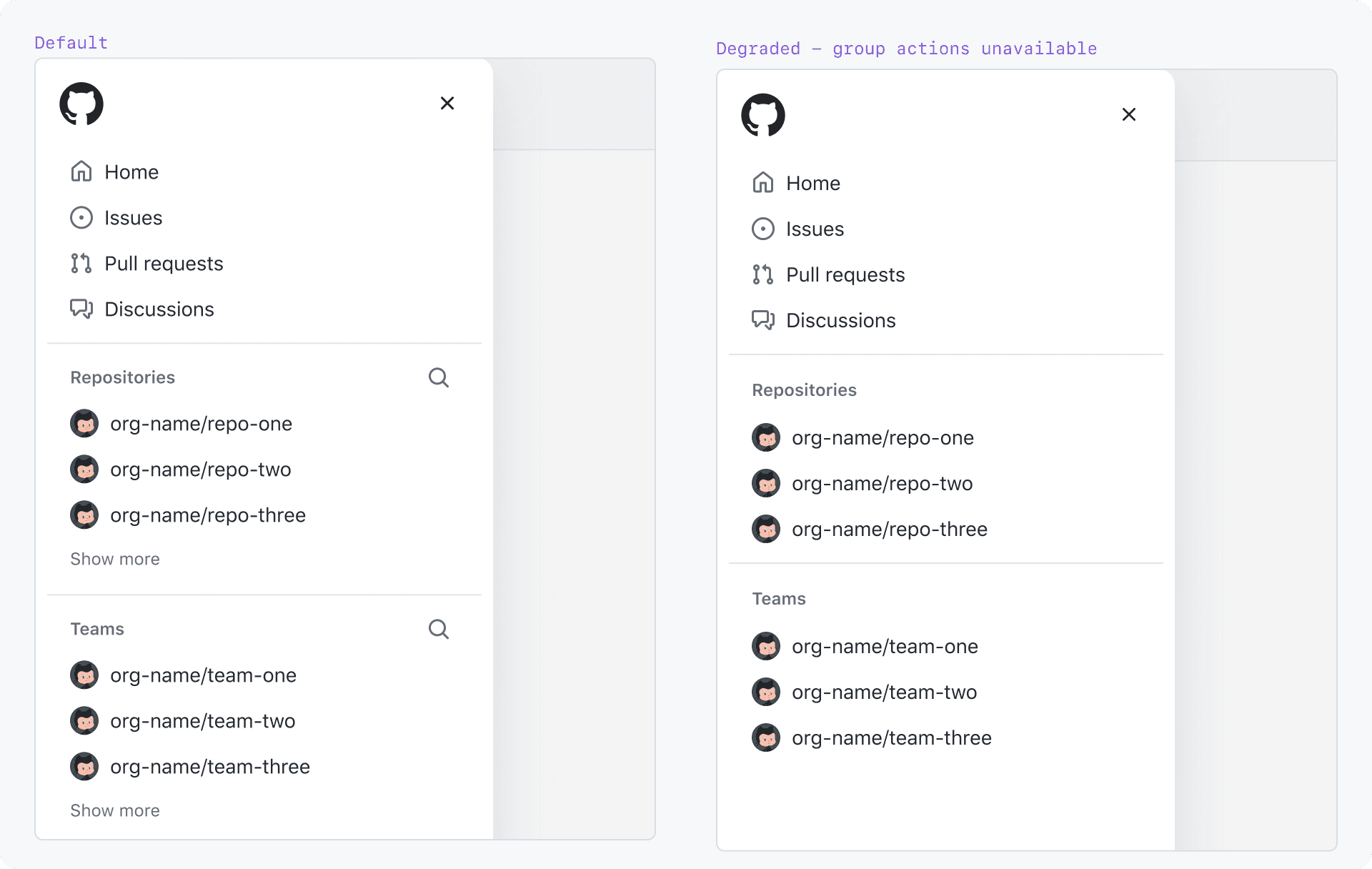 2 images: 1. Default left side sheet; 2. Search icons and show more buttons/links are not rendered.