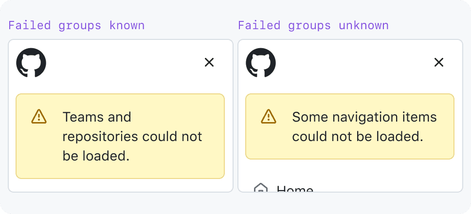 2 images: 1. Error Banner with details about what couldn't load; 2. Generic error Banner.