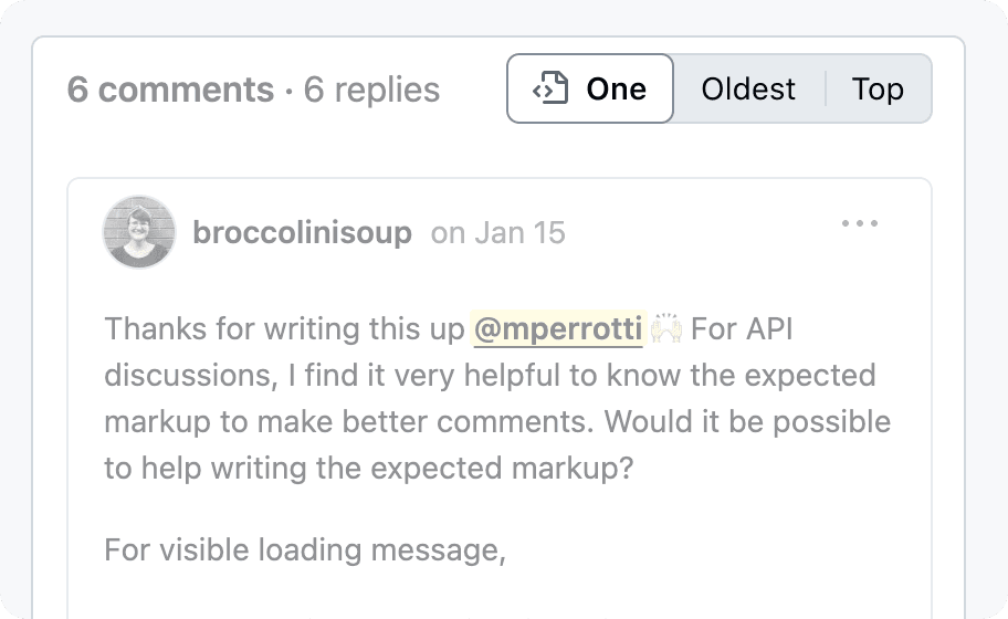 A screenshot of a GitHub discussions list with the segmented SegmentedControl for sorting highlighted. The sort options are 'Oldest', 'Newest', and 'Top'.