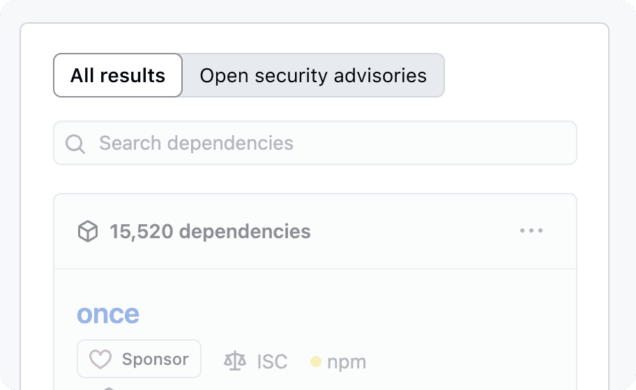 A screenshot of the GitHub organization insights page with the SegmentedControl for filtering highlighted. The options are 'All results' and 'Open security advisories'. 
