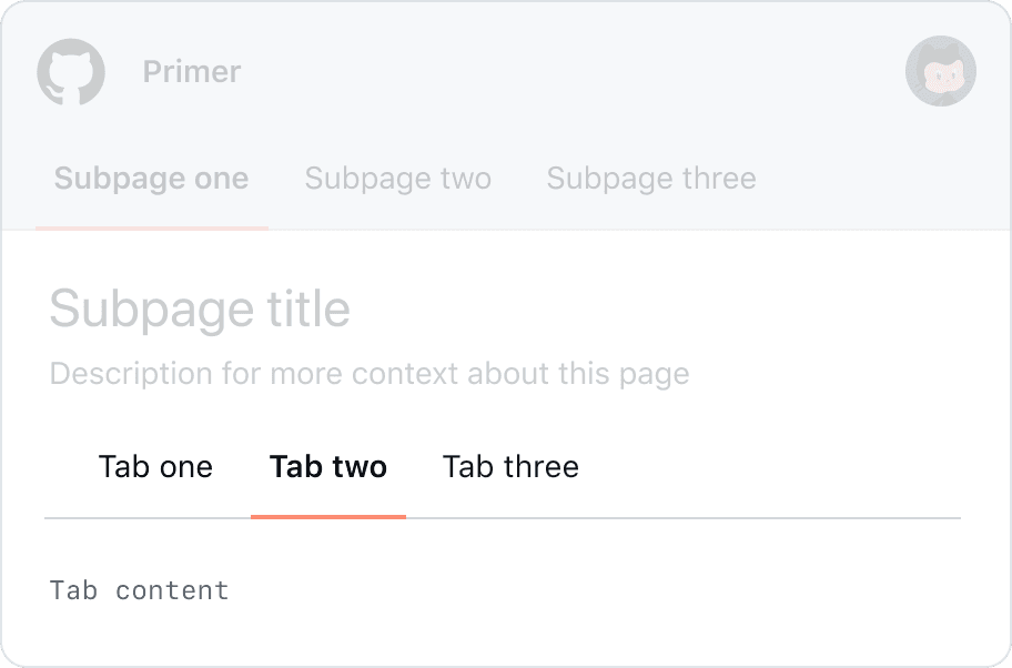 A page with three top-level tabs. Then, a placeholder heading and description followed by more tabs to separate subpage content. Top-level tabs are highlighted.