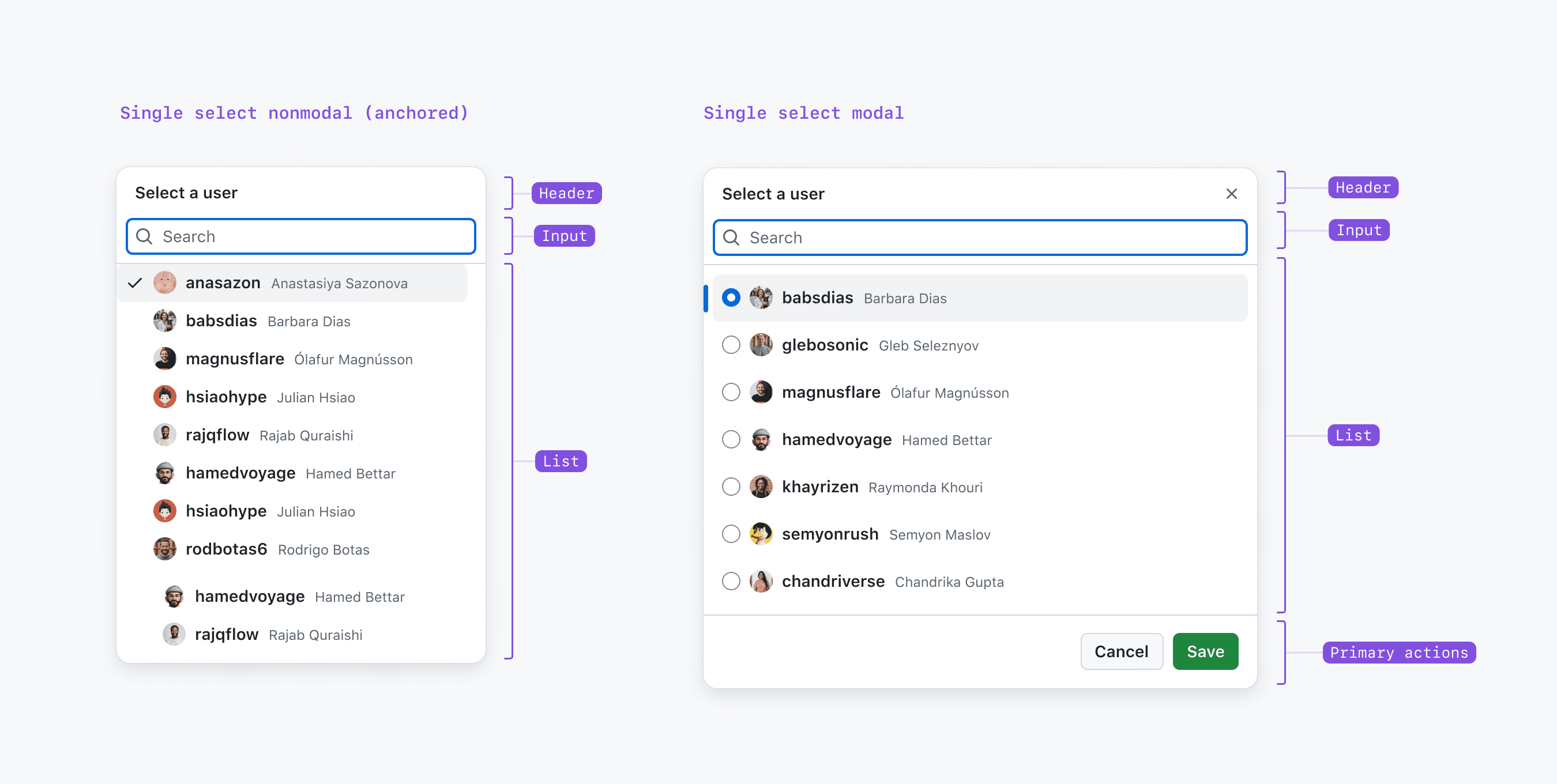 A nonmodal SelectPanel on the left with a title, input field, and values beneath that can be selected, and a modal version of the same SelectPanel on the right. The modal version has a title, subtitle, input field, and values beneath that can be selected. It also has a Save and Cancel button at the bottom.