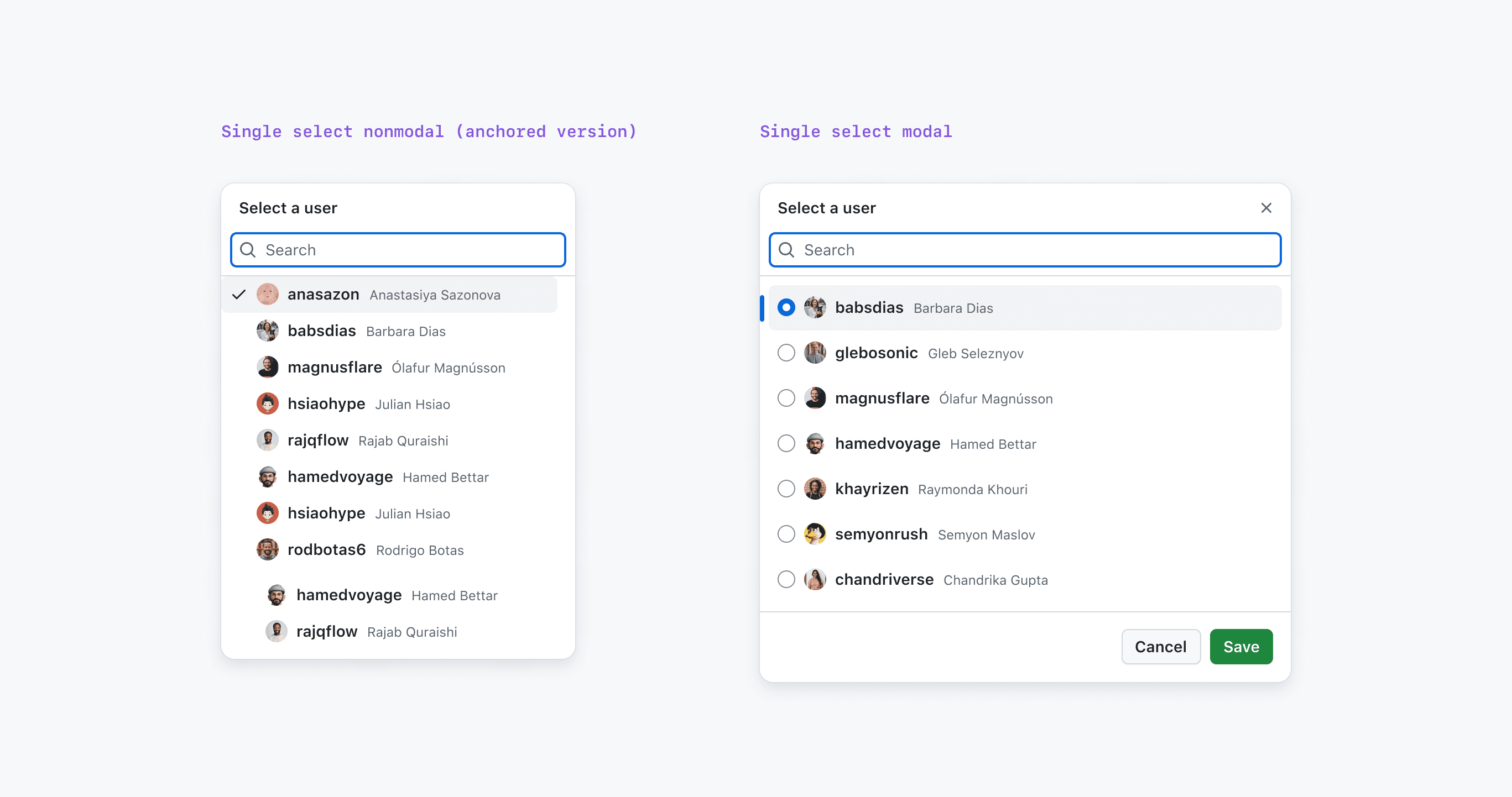 Select panel titled Change author with a search bar and a list of names.