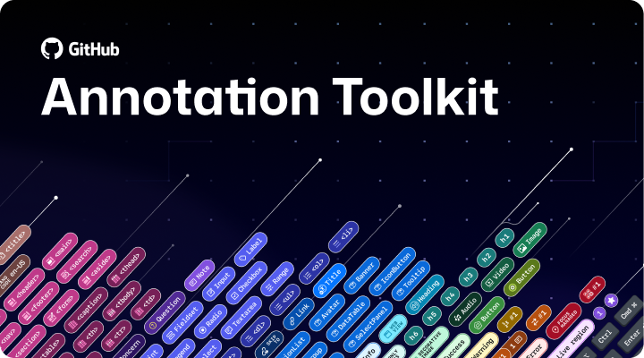 Cover image for the Annotation Toolkit Figma library, showing annotation stamps and git lines on a starry grid background.